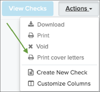 Actions dropdown menu with the Print cover letters item highlighted screenshot