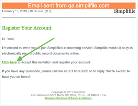 Sample email: Register Your Account with Click here link highlighted screenshot