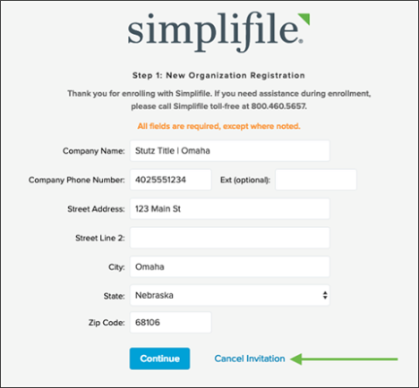 Simplifile New Organization Registration window wiht the Cancel Invitation link highlighted screenshot