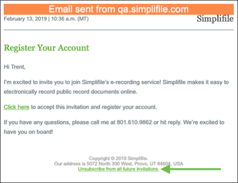 Sample email: Register Your Account with the Unsubscribe from future invitations link highlighted screenshot