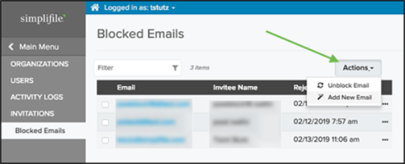 Blocked Emails with Actions dropdown menu highlighed screenshot