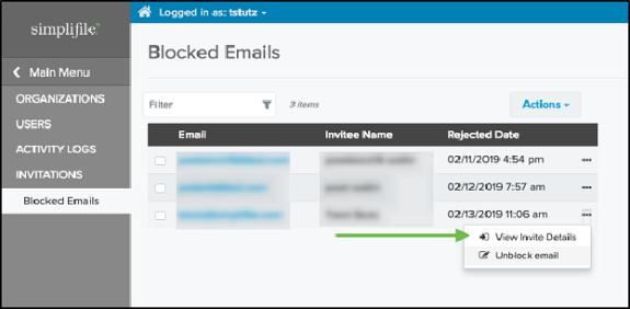 Blocked Emails page with Ellipsis dropdown menu open with View Invite Details item highlighted screenshot