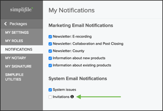 My Notifications page with the Invitations checkbox highlighted screenshot