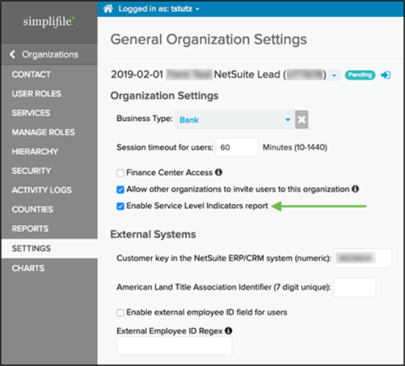 General Organization Settings with Enable Service Level Indicators report checkbox marked and highlighted screenshot