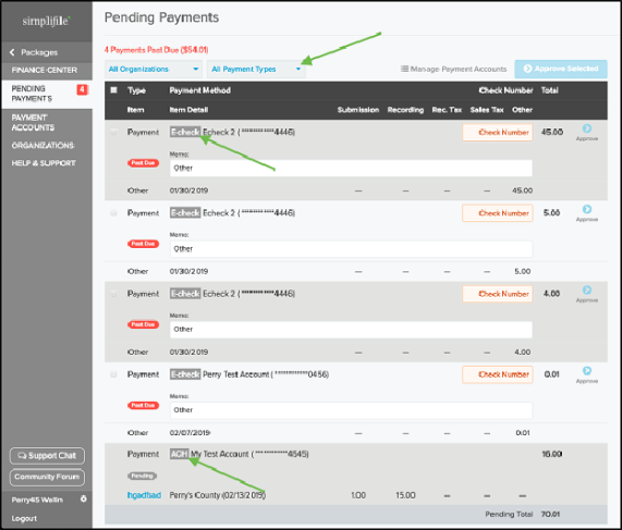 Pending Payments page with highlights screenshot