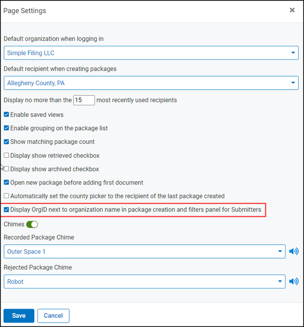 Package Settings page with Display OrgID next to organization name in hte package createion and filters for Submitter checkbox screenshot