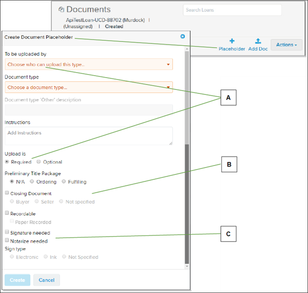 Create Document Placeholder window with callout screenshot