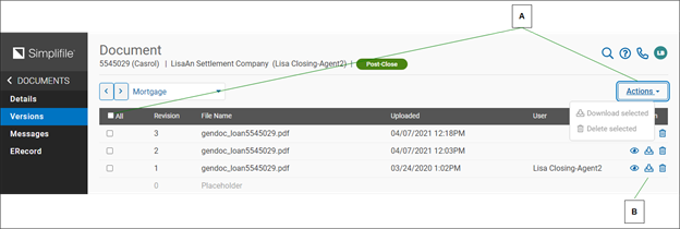 Document Versions page with callouts screenshot