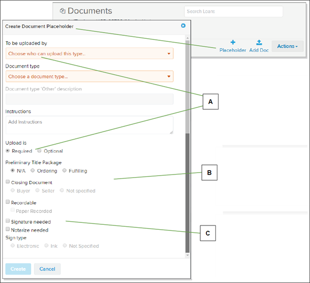 Documents page and Create Document Placeholder window screenshot