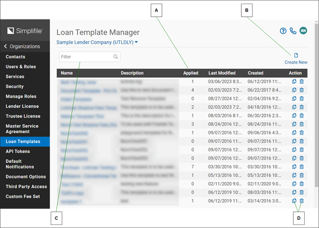 Loan Template Manager page screenshot