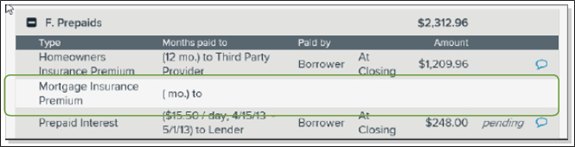 Example F. Prepaids with Morgage Insurance Premimum row screenshot