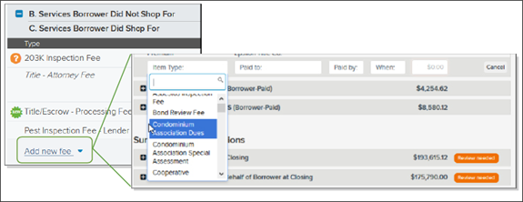Add new fee dropdown with example screenshot