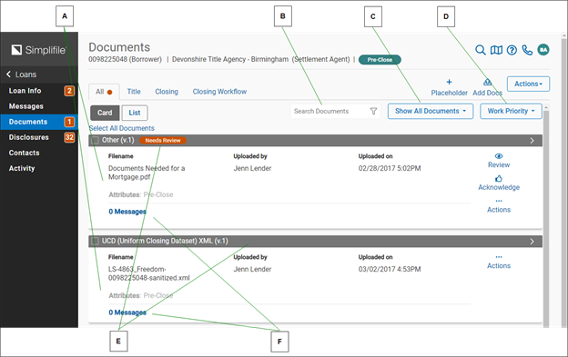 Documents page with callouts screenshots