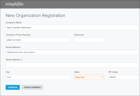 New Organization Registration window screeenshot