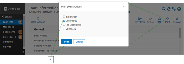 Loan Info page print icon with Print Options window screenshot