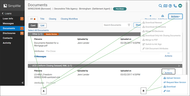 Documents page with Actions menue open and callouts screenshot
