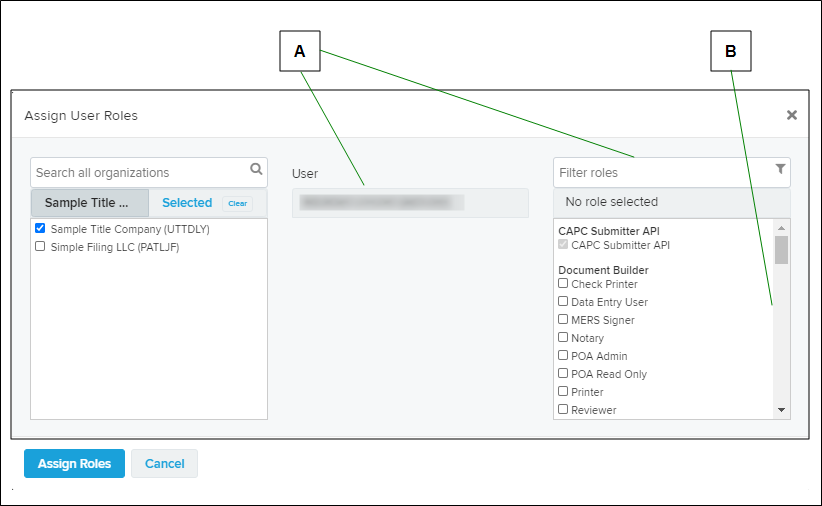 Assign User Roles window (Administrator)