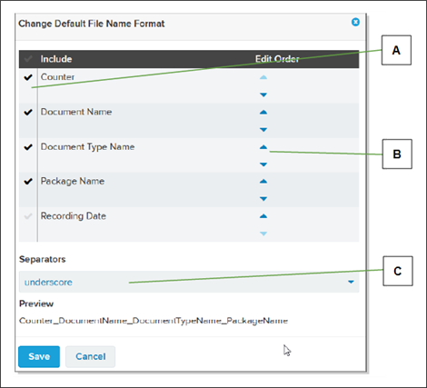 Change Default File Name Format window with callout letters screenshot