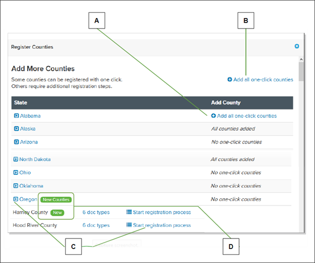 Register Counties window Add More Counties table with callout letters screenshot