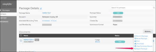 Package Details page with Actions dropdown menu callout screenshot