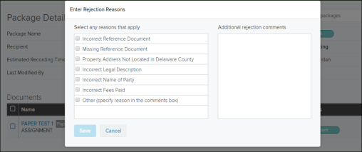 Enter Rejected Reasons window screenshot