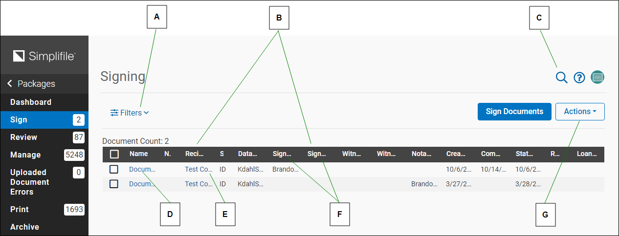 Signing List page with callouts screenshot