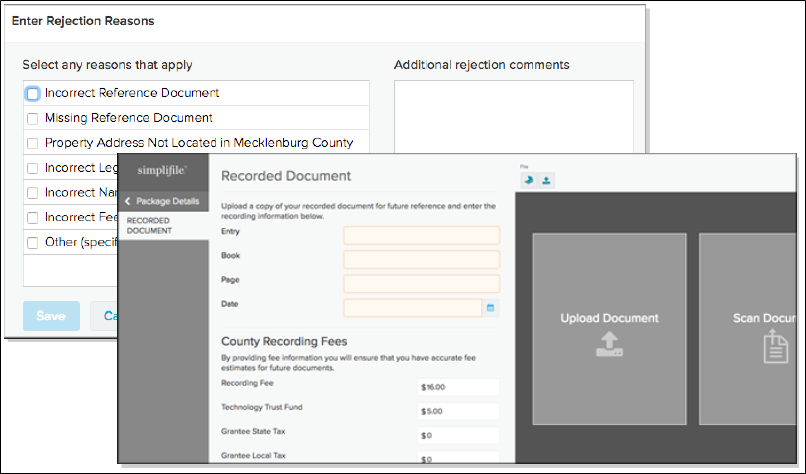 Enter Rejection Reasons window and Recorded Document page screenshot