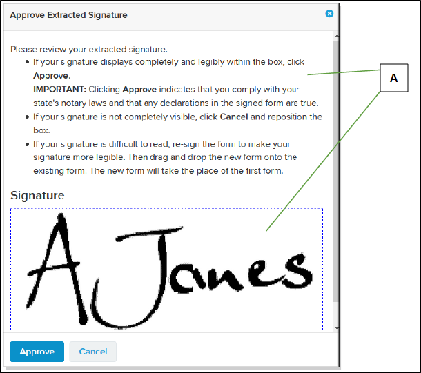 Approve Extracted Signature window with callouts screenshot