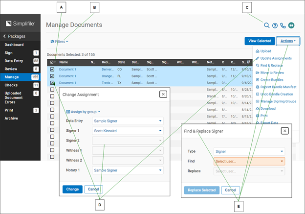 Manage Assignments page wiht Change Assignment window open and callouts screenshot