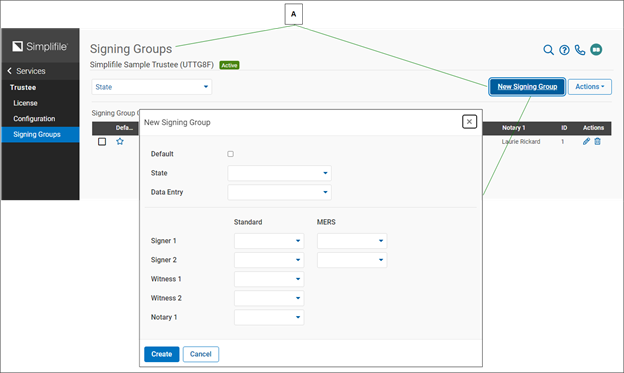 Signing Groups page with New Signing Group window and callouts screenshot