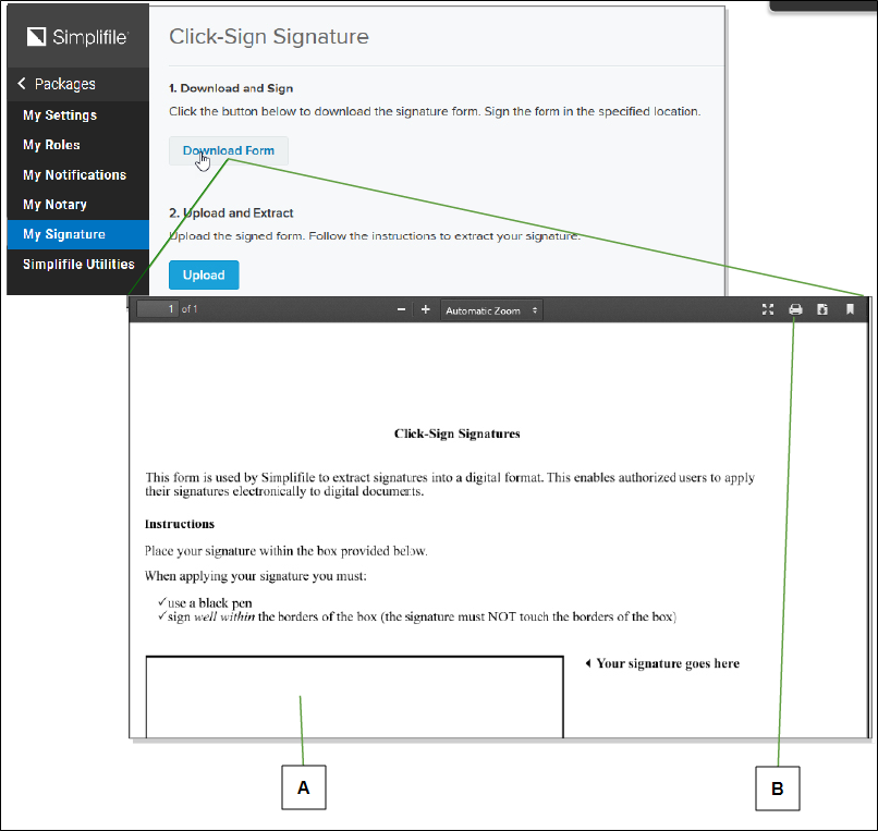 Click-Sign Signature page with Download Form button and Click-Sign Signatures document screenshot