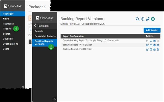 Banking Report Versions page