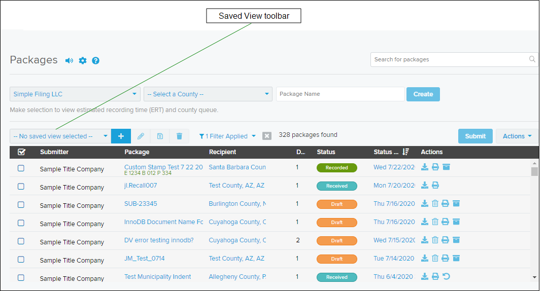 Packages page with Saved View toolbar callout screenshot