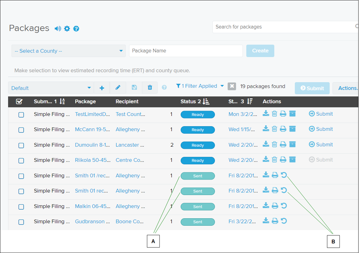 Packages page with callout letter screenshots