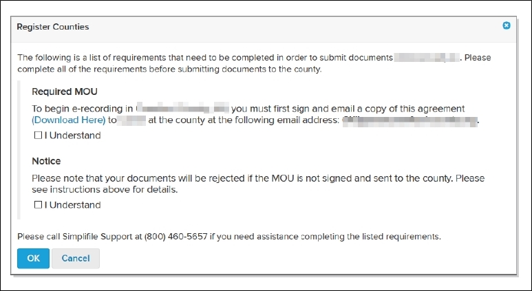 Register Counties window requirements screenshot