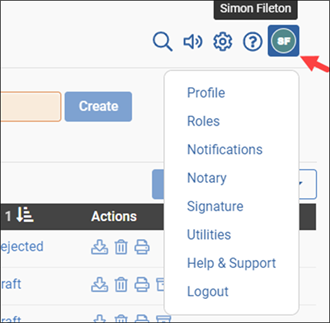 User account configuration icon in My Simplifile toolbar with Simon Fileton displayed and menu screenshot
