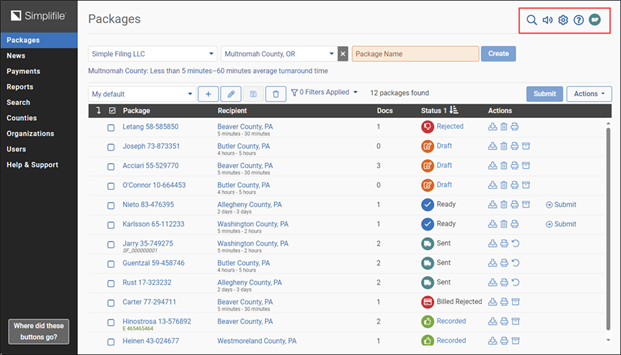 Packages page with the My Simplifile toolbar highlighted screenshot