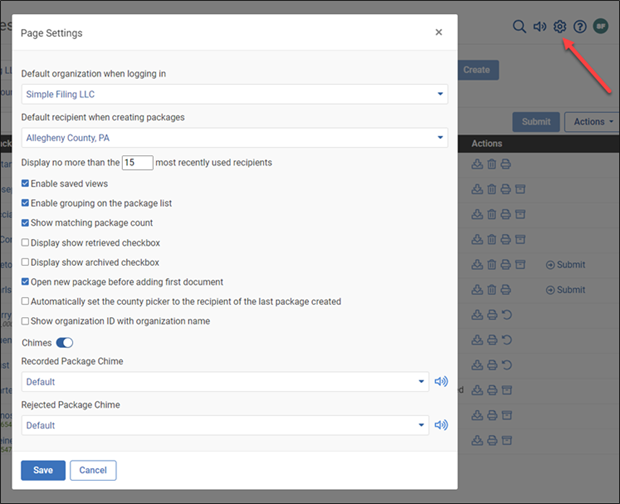 Settings icon in My Simpliflie toolbar and Page Settings window screenshot