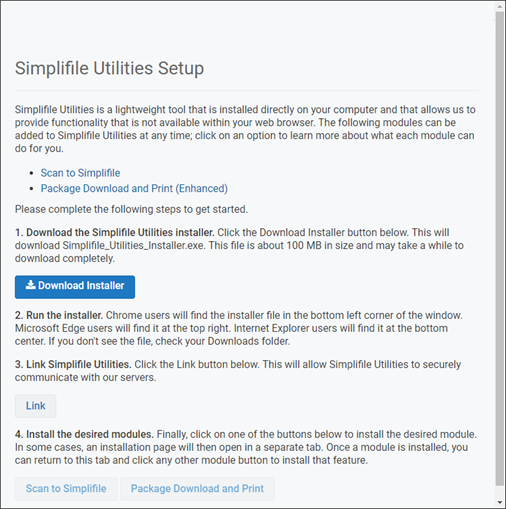 Simplifile Utilities Setup page screenshot
