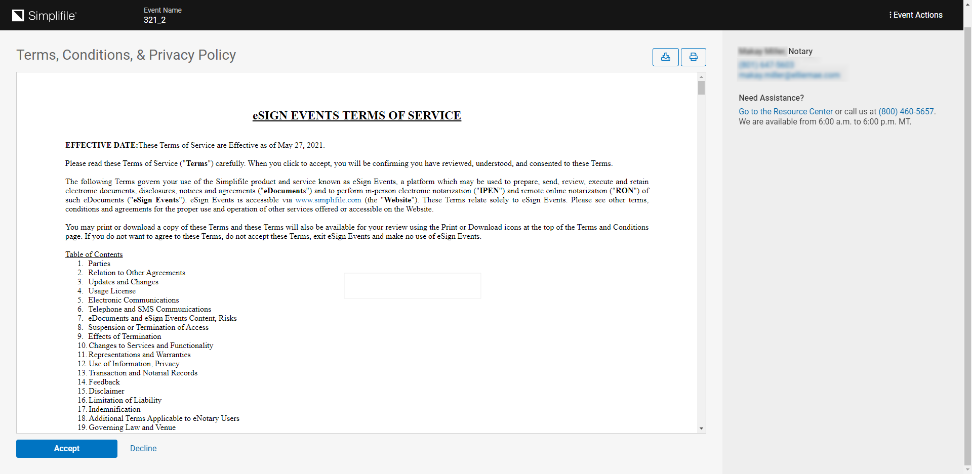 eSign Events Terms of Service screenshot