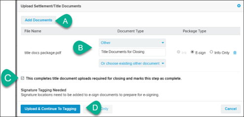 Upload Settlement/Title Documents window with callouts A, B, C, and D screenshot