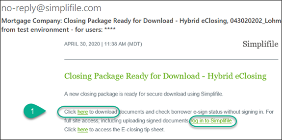 Example Closing Package Ready for Download - Hybrid eClosing email screenshot