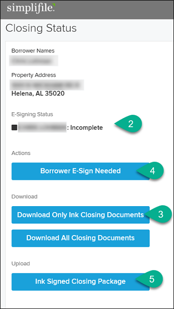 Closing Status page with callout 2, 3, 4, and 5 highlighted screenshot