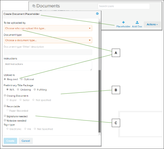 Documents page and Create Document Placeholder window with callouts screenshot