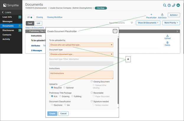 Documents page and Create Documents Placeholder window with callouts screenshot