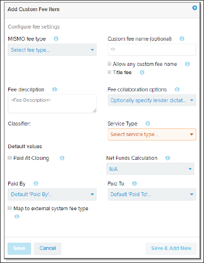 Add Custom Fee Item window screenshot