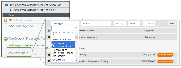 Add new fee links at the bottom of section or subsection screenshot