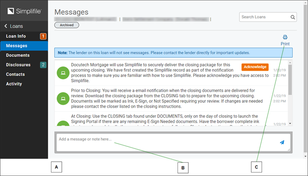 Messages page with callouts screenshot
