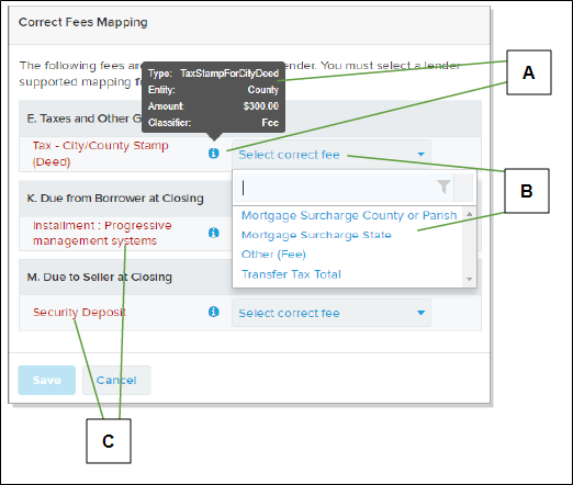 Correct Fees Mapping window with callout screenshot