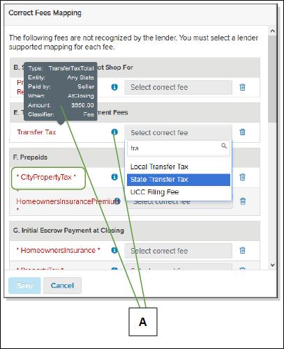 Correct Fees Mapping window with callout screenshot